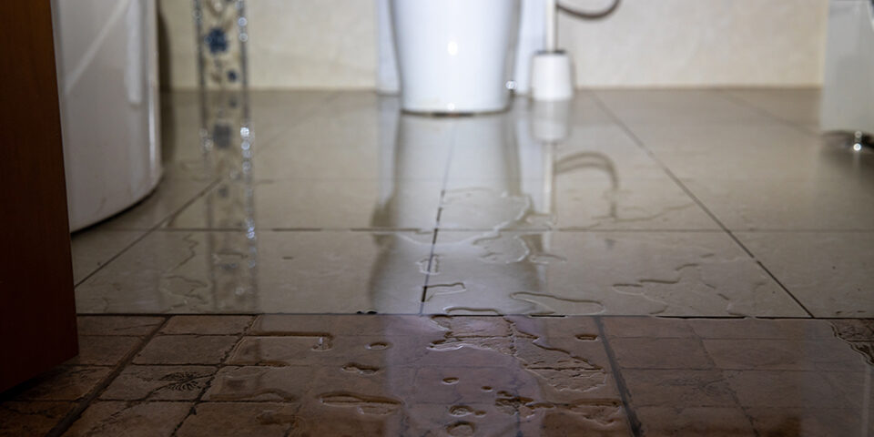 Water damage due a broken pipe or toilet. Moisture problem and wet floor. Horizontal, selective focus